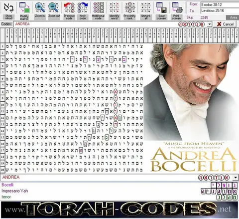 Torah Code matrix: Andrea Bocelli